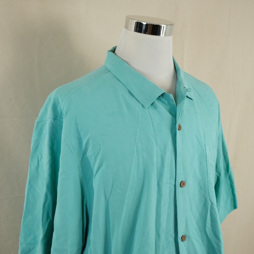 Tommy Bahama XXL 100% Silk Hawaiian Aloha Shirt Teal Floral Jacquard Camp Mens